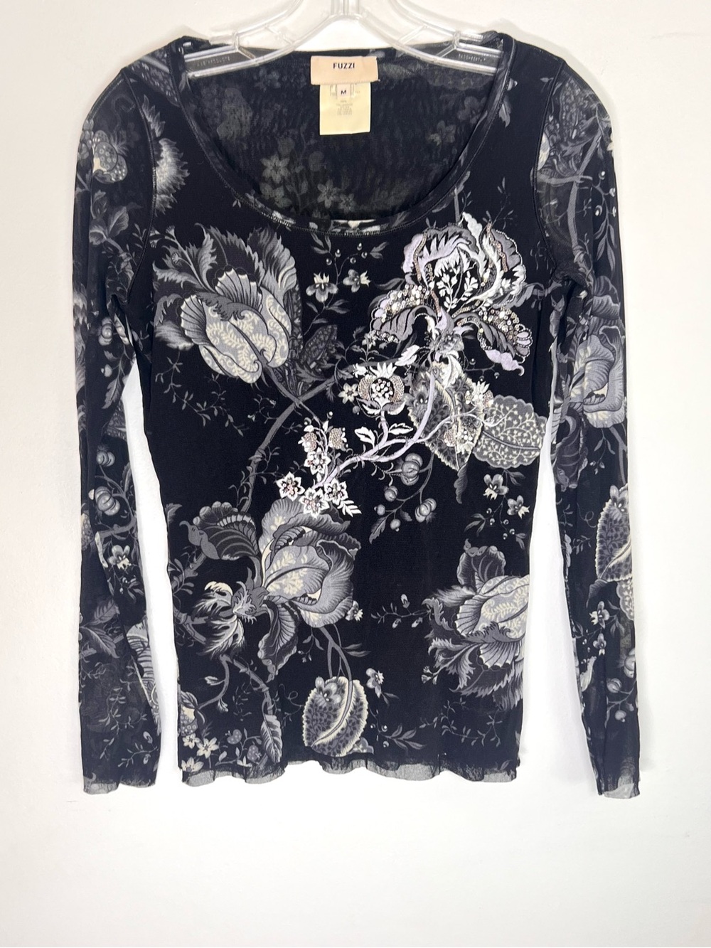 Vintage 90s Fuzzi Italy Floral Sequin Mesh Long Sleeve Top Y2K Sz M